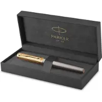 Parker Ingenuity Pioneers Collection vulpen | grijze lak met gouden dop en details | medium roestvrijstalen penpunt | zwarte inkt en converter | met Geschenkdoos
