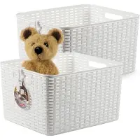 PlasticForte Opbergmand - 2x - Kastmand - rotan kunststof - wit - 28 Liter - 34 x 40 x 23 cm