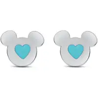 Disney 4-DIS048 Mickey Mouse Oorbellen - Mickey Oorknopjes - Sieraden - 7,2x7,7mm - Blauw Hartje - Staal - Hypoallergeen - Zilverkleurig