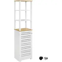 SoBuy badkamerkast, hoog en smal, badkamerkast met lamellentuur en open vakken, ruimtebesparende badkamerkast, wit-naturel, model BZR43-W