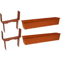 Geli Set van 4 kunststof plantenbakken terracotta rechthoekig 80 cm met 8 verstelbare balkon/muurbeugels