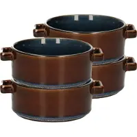COSY&TRENDY Cosy & Trendy Kommetjes/soepkommen voor dessert/ontbijt - 4x - Porselein - D13 x 5.5 cm - blauw/bruin - met oortjes - stapelbaar