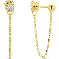 New Bling 9NBG-0735 Gouden oorbellen met kettinkje - Oorsteker - Bolletje - 3mm - Zirkonia - 3,4mm - 2cm Lengte - 14 Karaat - Goud