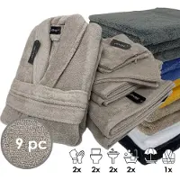 ISleep Terry Badtextiel - Voordeelset (9 delig) - 1x Badjas - Maat S - 2x Washandje 16x22 cm - 2x Gastendoekje 30x50 cm - 2x Handdoek 60x110 cm - 2x Badlaken 70x140 cm - Taupe