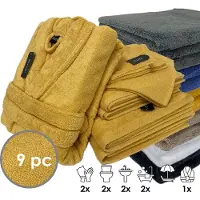 ISleep Terry Badtextiel - Voordeelset (9 delig) - 1x Badjas - Maat XL - 2x Washandje 16x22 cm - 2x Gastendoekje 30x50 cm - 2x Handdoek 60x110 cm - 2x Badlaken 70x140 cm - Oker