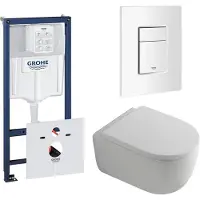 GROHE QeramiQ Dely Swirl Toiletset - 36.5x53cm - Grohe Rapid inbouwreservoir - 35mm zitting - witte bedieningsplaat - rechthoekige knoppen - glans wit 0720003/0729205/SW1000767/SW1026256