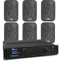 Power Dynamics buitenspeakerset - 6x zwarte 60W speakers en 100V versterker - Bluetooth & mp3 speler