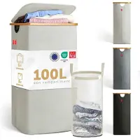 Blumtal Wasmand 100L - Wasmand met uitneembare waszak - Smalle wasmand - Flesverzamelaar - Wasmand met deksel - Beige