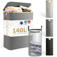 Blumtal Wasmand 140L - Wasmand met 2 uitneembare waszakkken - Wasmand met 2 vakken - Smalle wasmand - Flesverzamelaar - Wasmand met deksel - Grijs