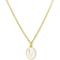 New Bling 9LA-20061-V Zilveren Ketting met Letterhangertje - V - Ovaal - 12x8,8mm - Emaille - Wit - Zilver - Initiaal sieraad - Verguld/Goud op Zilver