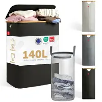 Blumtal Wasmand 140L - Wasmand met 2 uitneembare waszakkken - Wasmand met 2 vakken - Smalle wasmand - Flesverzamelaar - Wasmand met deksel - Zwart