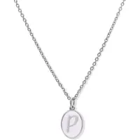 New Bling 9LA-20059-P Zilveren Ketting met Letterhangertje - P - Ovaal - 12x8,8mm - Emaille - Lila - Initiaal sieraad - Rhodium - Zilver