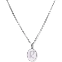 New Bling 9LA-20059-R Zilveren Ketting met Letterhangertje - R - Ovaal - 12x8,8mm - Emaille - Lila - Initiaal sieraad - Rhodium - Zilver