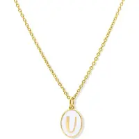 New Bling 9LA-20061-U Zilveren Ketting met Letterhangertje - U - Ovaal - 12x8,8mm - Emaille - Wit - Zilver - Initiaal sieraad - Verguld/Goud op Zilver