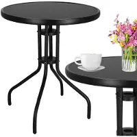 Springos Tuintafel Buitentafel Bijzettafel Buiten Metaal Donker Gehard Glas Rond 60 x 60 x 70 cm Zwart