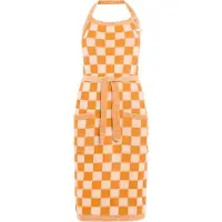Knit Factory Gebreide Keukenschort Dames & Heren - Kookschort - Kokssloof - Keukensloof - Koksschort - Barbecue schort Block - Ecru/Orange - Oranje - One Size - Met steekzakken