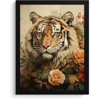 PosterMonkey Poster in lijst - Fotolijst 30x40 cm - Posters - Vintage - Tijger - Bloemen - Dieren - Wit - Posterlijst zwart - Decoratie - Wanddecoratie woonkamer - Muurdecoratie slaapkamer