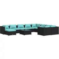 The Living Store Living Store loungeset voor in de tuin, 11-delig, met kussens, van polyrotan, zwart
