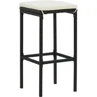 The Living Store Barkruk Set - PE-Rattan/Staal - Zwart - 38x38x76cm - Crèmewit kussen