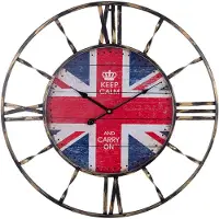 Decopatent XL Grote Ronde Wandklok Industrieel 60 Cm met Engelse Vlag & Tekst: KEEP CALM and Carry On - UK Wand Klok Modern / Retro Rond Zwart - Industriële