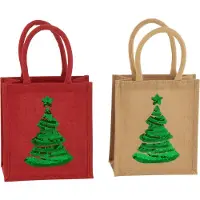 J-Line zak Kerstboom Pailletten - jute - naturel/rood - 2 stuks