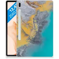 B2Ctelecom Samsung Galaxy Tab S7FE Tablet Back Cover Marble Blue Gold