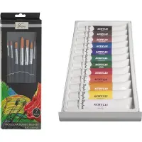 Rayher Hobby Materialen Rayher Hobby Acrylverf schilderset - 12x gekleurde tubes van 12 ml - met 7x schilderpenselen