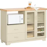 SoBuy Buffetkast Met Laden – 120 x 40 x 90 cm & Met Glazen Deuren – Voorzien Van Interne Planken En Flessenrek – Beige Gelakt Mdf