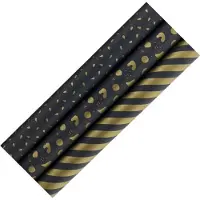 Benza ZWARTE PAREL assortiment cadeaupapier inpakpapier met goudkleurig design - 70 cm x 2 meter - 3 rollen