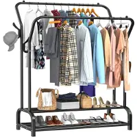 Avalo Industrieel Kledingrek Dubbele Stang - Metaal - 110x33x150 CM - Zwart - Opbergruimte Voor Schoenen - Garderoberek Met Haken