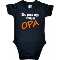 JHK Zwarte romper met "Ik pas op mijn opa" - 6 maanden - grootvader, babyshower, zwanger, cadeautje, kraamcadeau, grappig, geschenk, baby, tekst