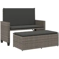 vidaXL - Tuinbank - met - kussens - en - voetenbank - poly - rattan - grijs