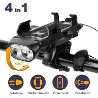 Ventura 4 in 1 Telefoonhouder, Fietslamp verstelbare, Powerbank en Fietstoeter 4 in 1- USB Oplaadbaar Racefiets Smartphonehouder, Fietslicht, fietsbel
