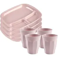 PlasticForte camping servies van kunststof - 8x vakjesborden en 8x drinkbekers - roze - onbreekbaar