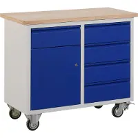 Ceha Mobiele werkbank met aan 1 zijde 1 deurtje en 1 la en de andere zijde 4 lades. Op zware wielen. Makkelijk overal mee naar toe te nemen!