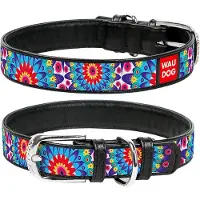 Waudog Flower Halsband / Hondenhalsband - Echt Leder - Zwart - Full Colour Print - Breedte: 12 mm - Nekomtrek: 21 - 29 cm (GELIEVE ALVORENS BESTELLEN OPMETEN)