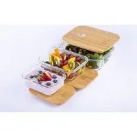 Umami Lunchbox van glas en bamboe, luchtdichte Japanse bento-box, 1 laag, mag in de magnetron, oven en vaatwasser, geen afval