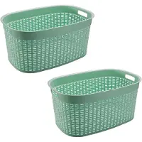 Hega hogar Rotan line wasmand - 2x - mintgroen - inhoud 44 liter - kunststof - 58 x 39 x 27 cm - Wasmanden