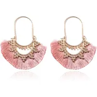 Deja Jewels Bohemian Goudkleurige Oorbellen met Roze Franje Waaierhangers