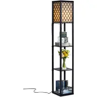 Costway 160x26x26 cm staande lamp met plank, houten staande lamp, E27 lamp, moderne binnenverlichting met 3 niveaus, vloerlamp voor de slaapkamer