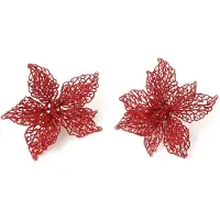 Merkloos 2x stuks decoratie kerststerren bloemen rood glitter op clip 18 cm - Kersthangers