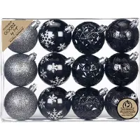 Merkloos Inge Christmas kerstballen gedecoreerd - 12x - zwart - 6 cm -kunststof - Kerstbal