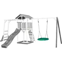 Axi Beach Tower Speeltoestel van hout in Grijs en Wit Speeltoren met zandbak, klimrek, dubbele schommel en grijze