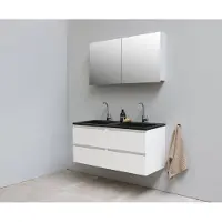 Bewonen Luuk Badmeubel - 120cm - Acryl Wastafel Slade Zwart - 2 Kraangaten - Hoogglans Wit - Met Spiegelkast - Geassembleerd - Badkamermeubels,