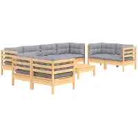 vidaXL 9-delige loungeset voor de tuin met grijze kussens, gemaakt van massief grenenhout