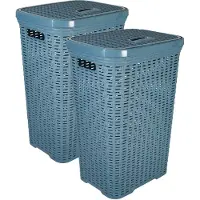 Hega hogar Wasmand met deksel Rotan - 2x - denim blauw - kunststof - 60L - 34 x 43 x 62 cm - Wasmanden
