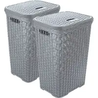 Hega hogar Wasmand met deksel Rotan - 2x - zilvergrijs - kunststof - 60L - 34 x 43 x 62 cm - Wasmanden