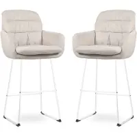 Nolon Nino-Mia Barkrukken Set van 2 Beige - met Armleuning - Wit Onderstel - 75 cm - Barkruk met Rugleuning