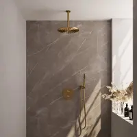Brauer Edition Inbouw Regendoucheset 3-weg Rond - 30cm Hoofddouche - Plafondarm - Staafhanddouche - Wandhouder - Geborsteld Goud PVD - Messing - Kranen, Douchekranen, Douchesets, Inbouw douchesets