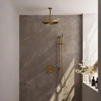 Brauer Gold Carving thermostatische inbouw regendouche 3-weg rond SET 90 met 30 cm douchekop en plafondarm en staaf handdouche en doucheslang en geïntegreerde glijstang goud geborsteld PVD